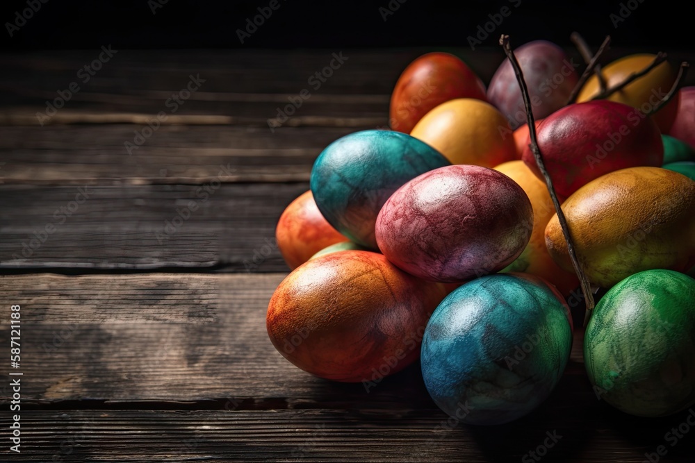 colorful Easter eggs displayed on a rustic wooden table. Generative AI