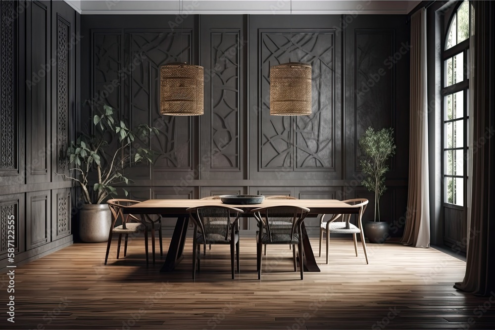 Dark wooden dining room with draperies and parquet floor. Copyspace mockup. Modern decor,. Generativ