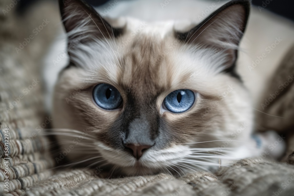 Close up of a Scotch Straight cat with blue eyes at a cat bed. Generative AI