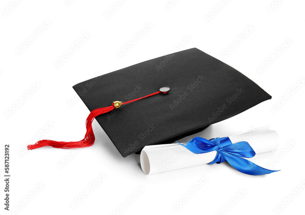 Diploma with blue ribbon and graduation hat isolated on white background