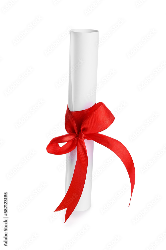 Diploma with red ribbon isolated on white background