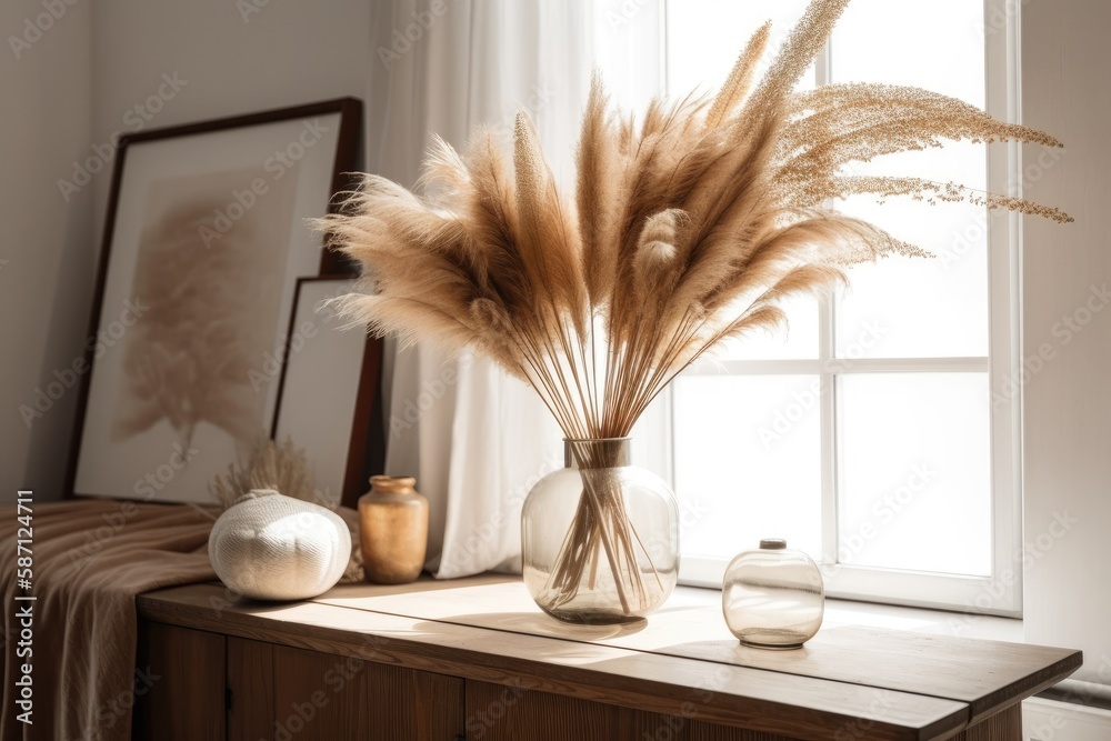 Flowers and dried pampas grass in glass vase on wooden side table against white background. Minimali