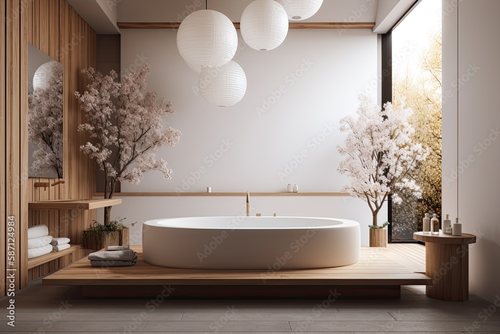 Overlooking a contemporary Japanese wooden bathroom with a bathtub, zen architecture interior design