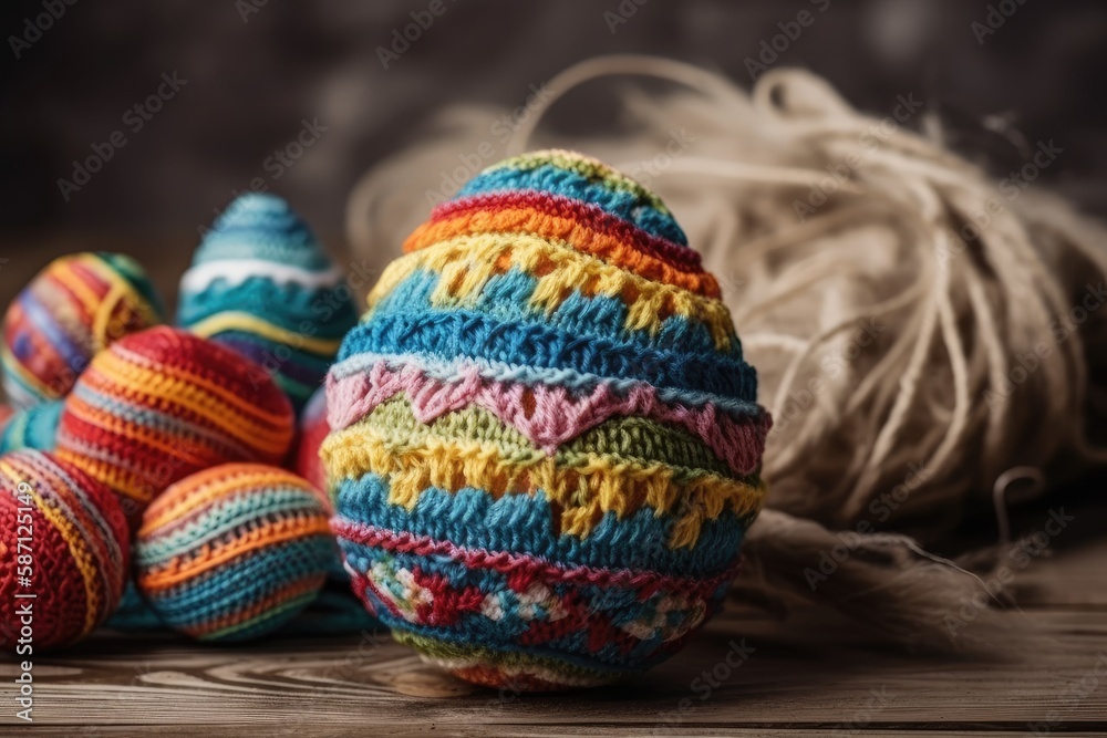 colorful crocheted Easter eggs arranged on a rustic wooden table. Generative AI