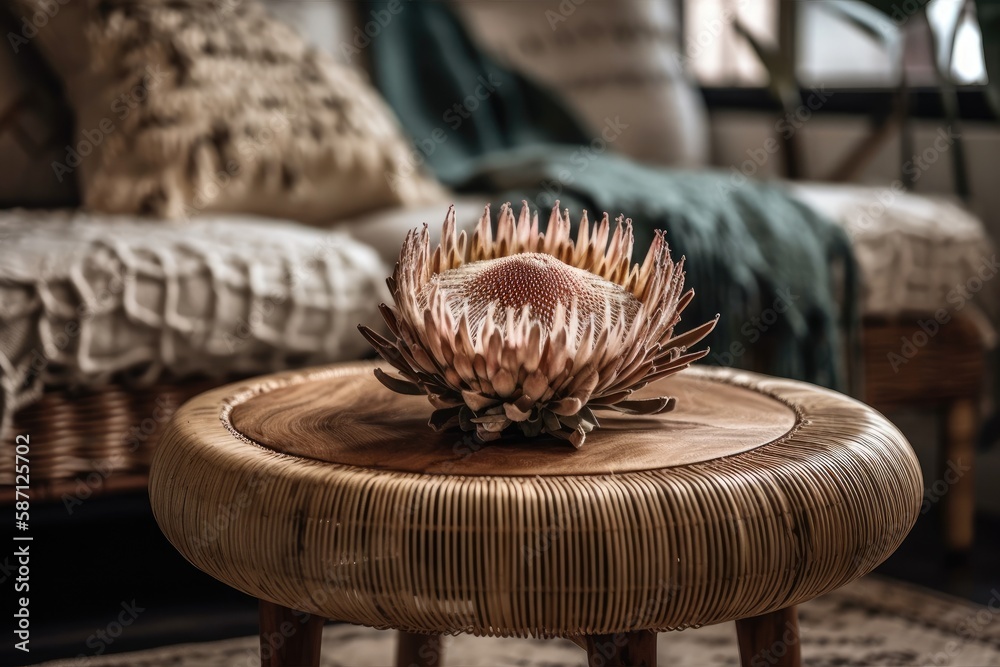 Dry protea flower on bamboo coffee table with fuzzy backdrop. Boho chic decor and wicker furniture. 