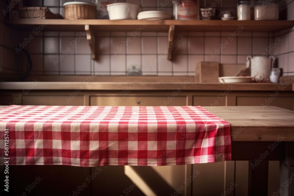 kitchen counter with a red and white checkered tablecloth. Generative AI