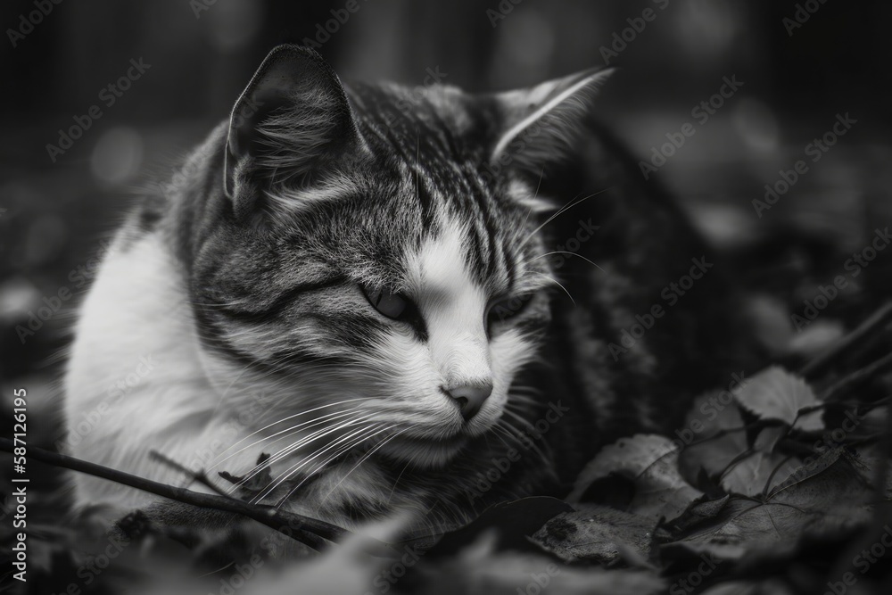 Cat in black and white sleeping on the ground. Generative AI