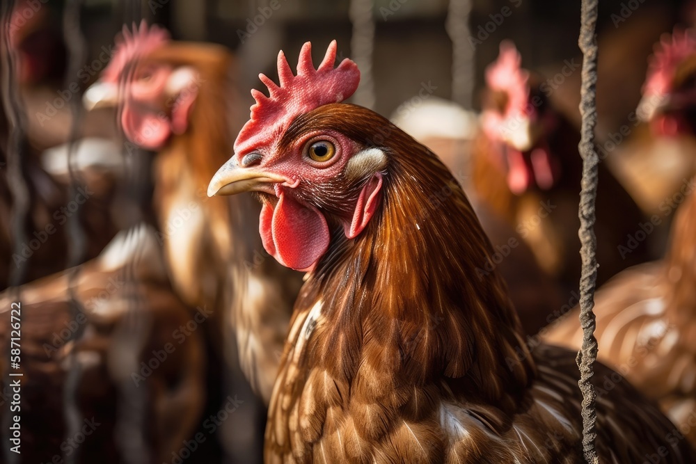 Organic hens raised in cages in a farm environment. Generative AI