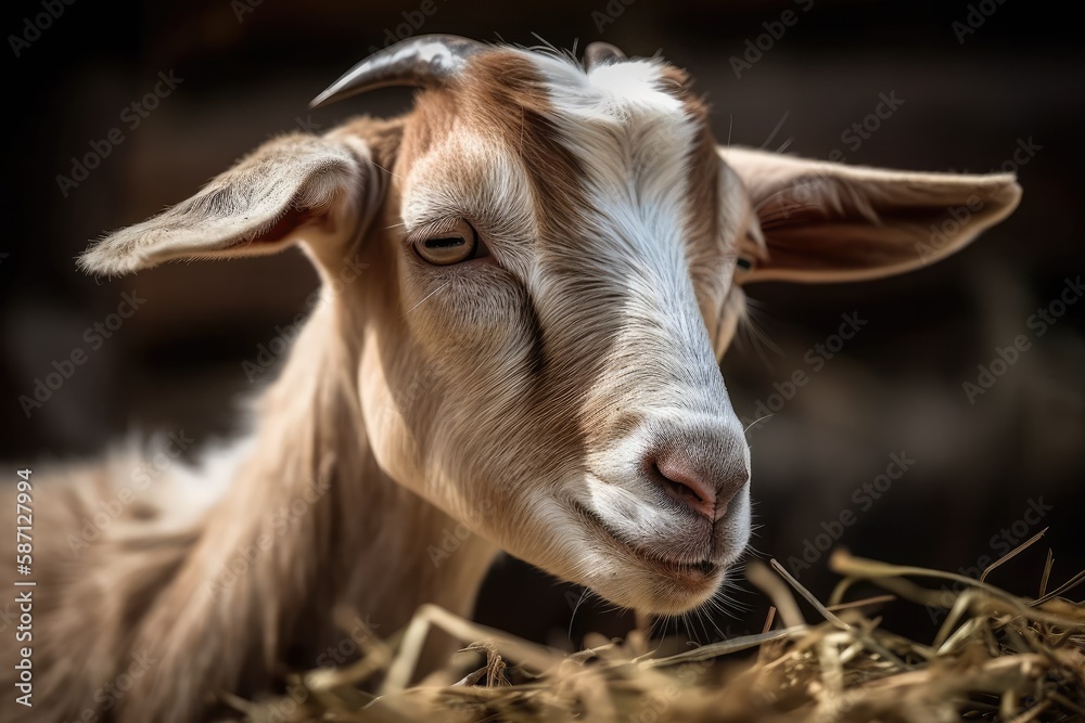 a close up of a goats head nibbling on straw. Generative AI