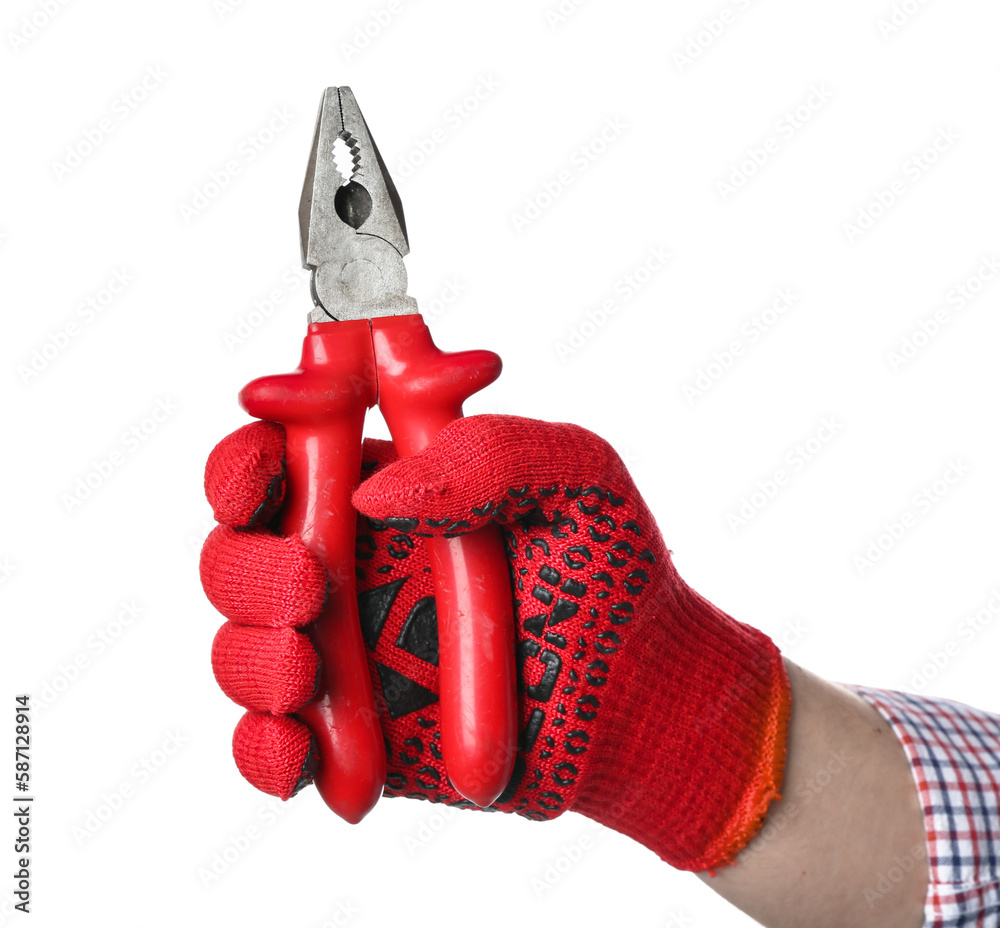 Male hand in gloves holding pliers on white background