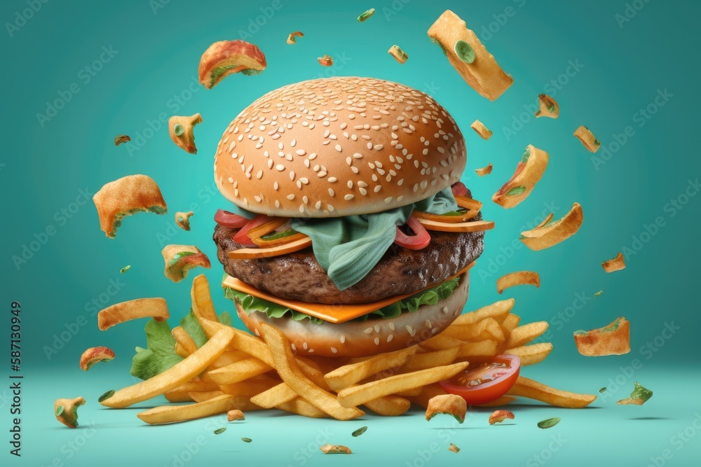 delicious cheeseburger with fresh lettuce, juicy tomato, and crispy fries on the side. Generative AI