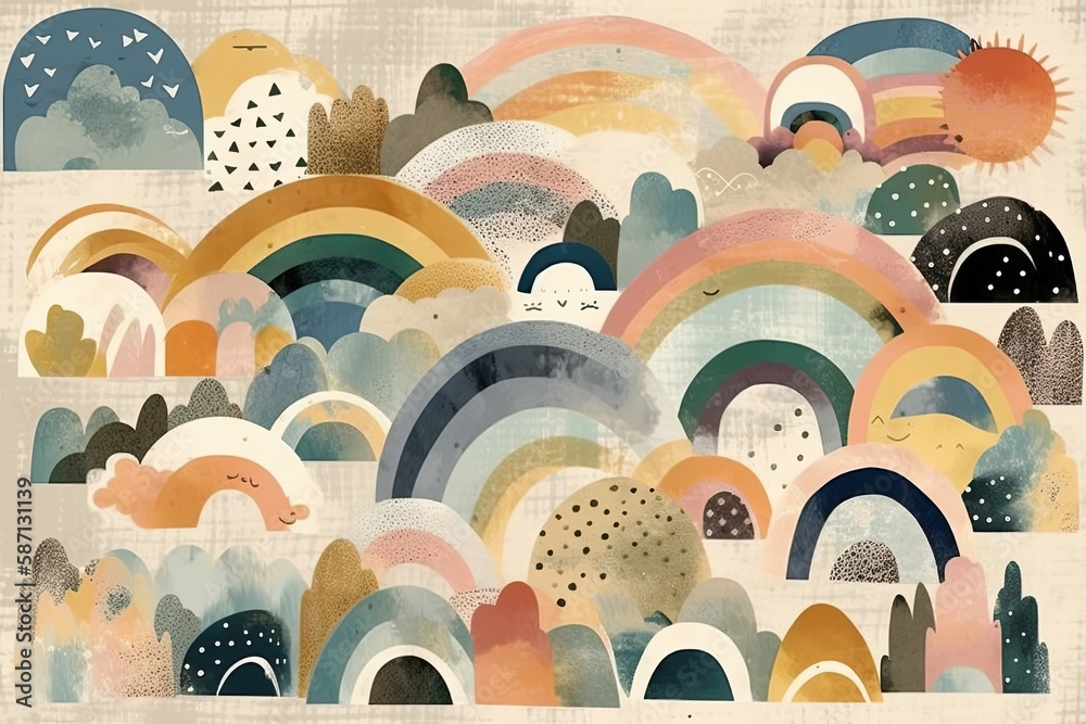 Scandinavian rainbows for kids prints, greeting cards, home decor, and posters. Generative AI