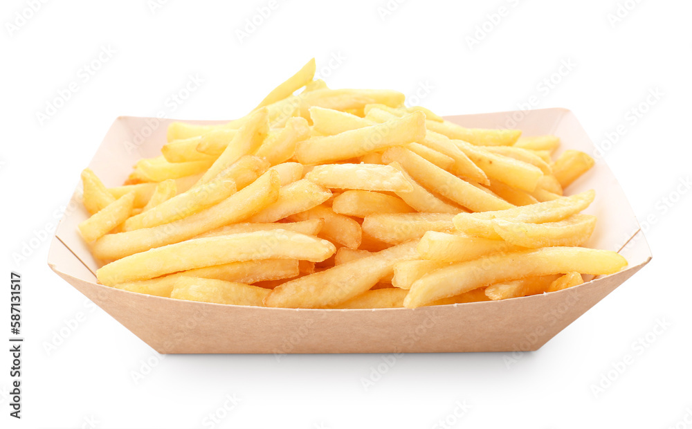 Paper box with tasty french fries on white background