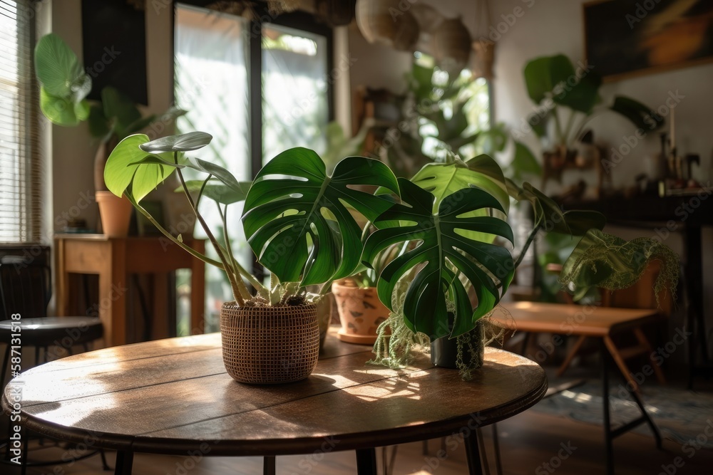 Tropical Rhaphidophora Tetrasperma houseplant in flower pot on table in bohemian living room. Gene