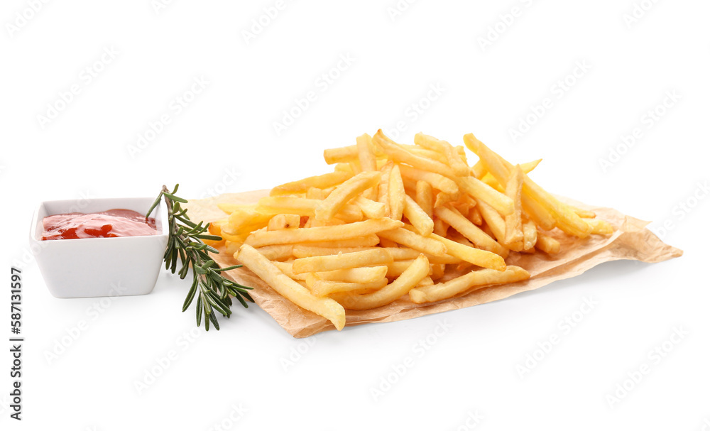 Tasty french fries and ketchup on white background