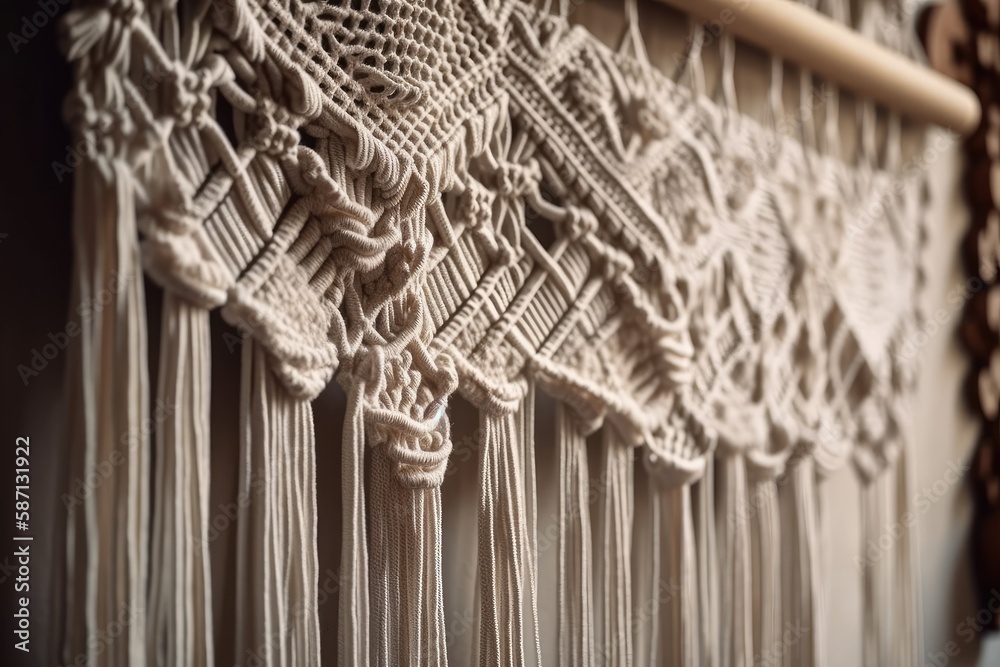 Boho macrame wall panel with natural cotton strands on a light wall. Boho house decor. Generative AI