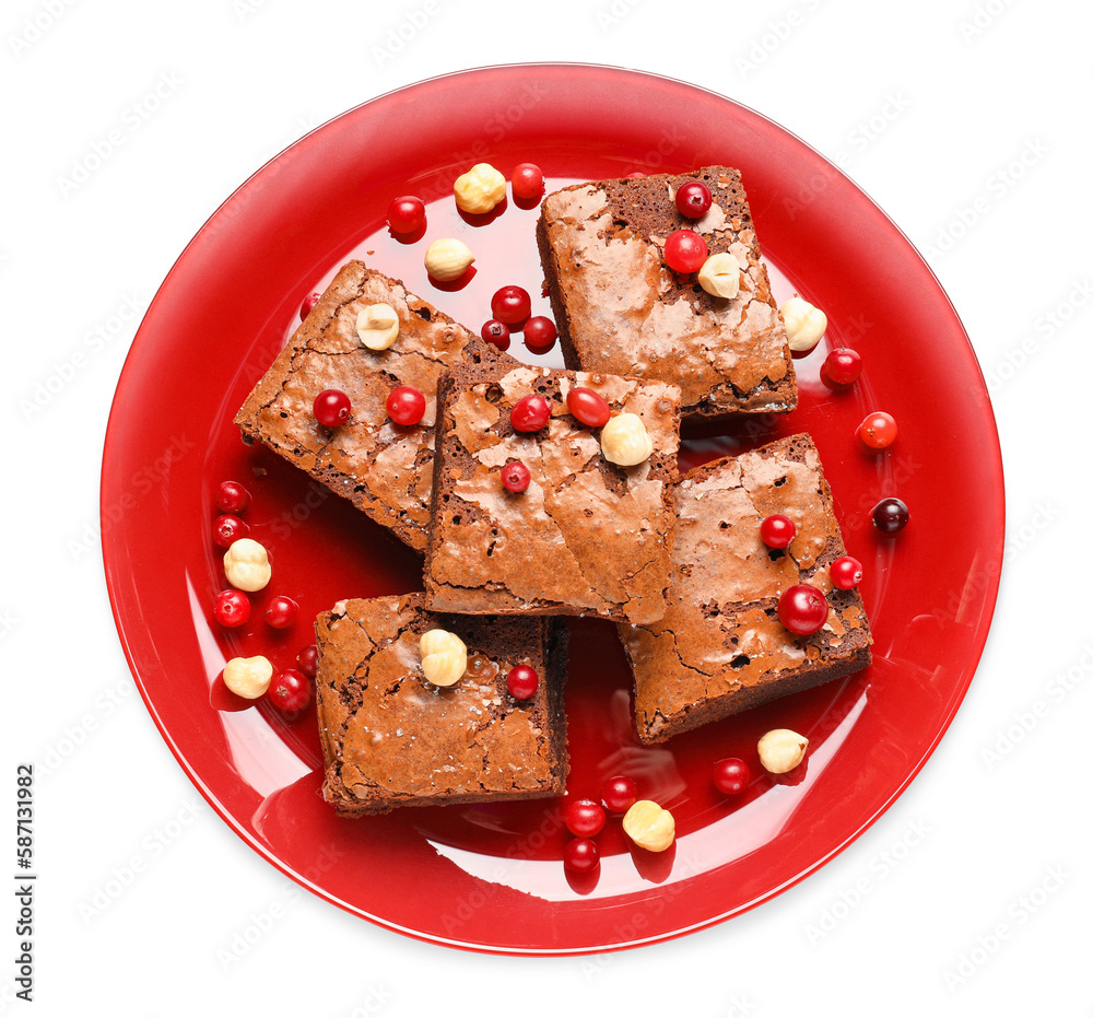 Plate with pieces of tasty chocolate brownie isolated on white background