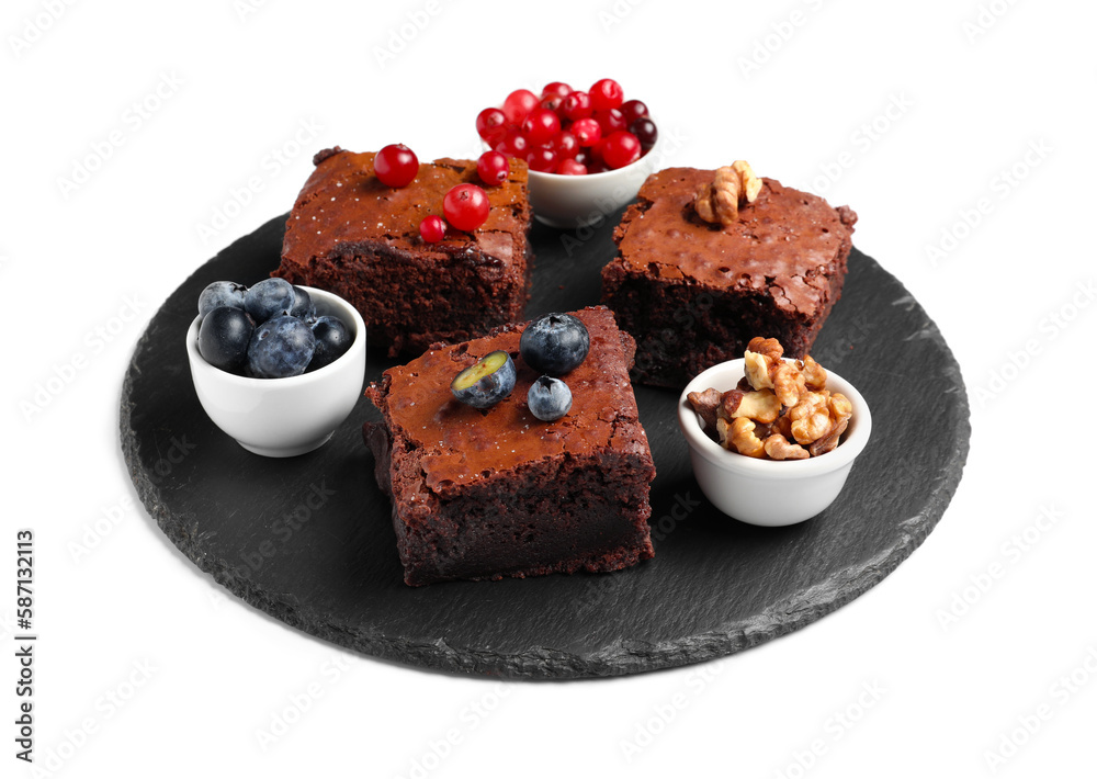 Board with pieces of tasty chocolate brownie isolated on white background