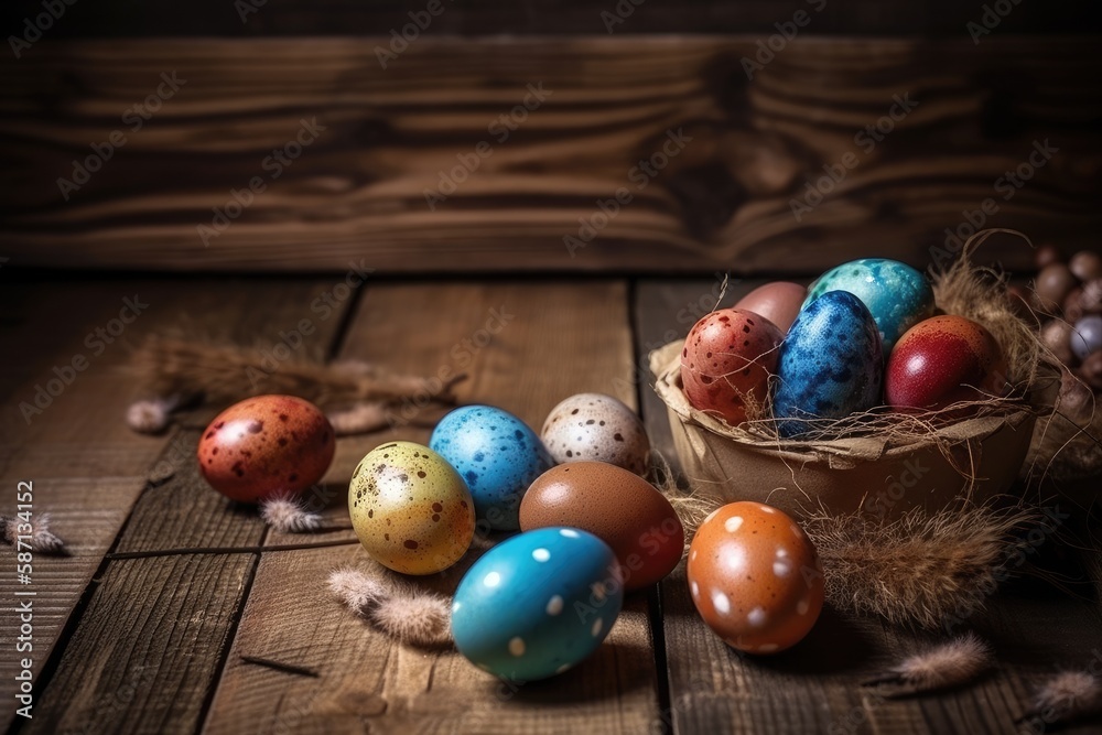 festive Easter basket filled with colorful eggs on a wooden table. Generative AI