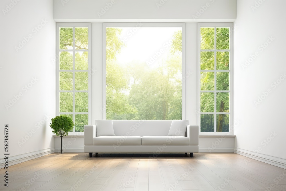 windowed interior of a house. White couch in an empty room. design for an architectural notion. Gene