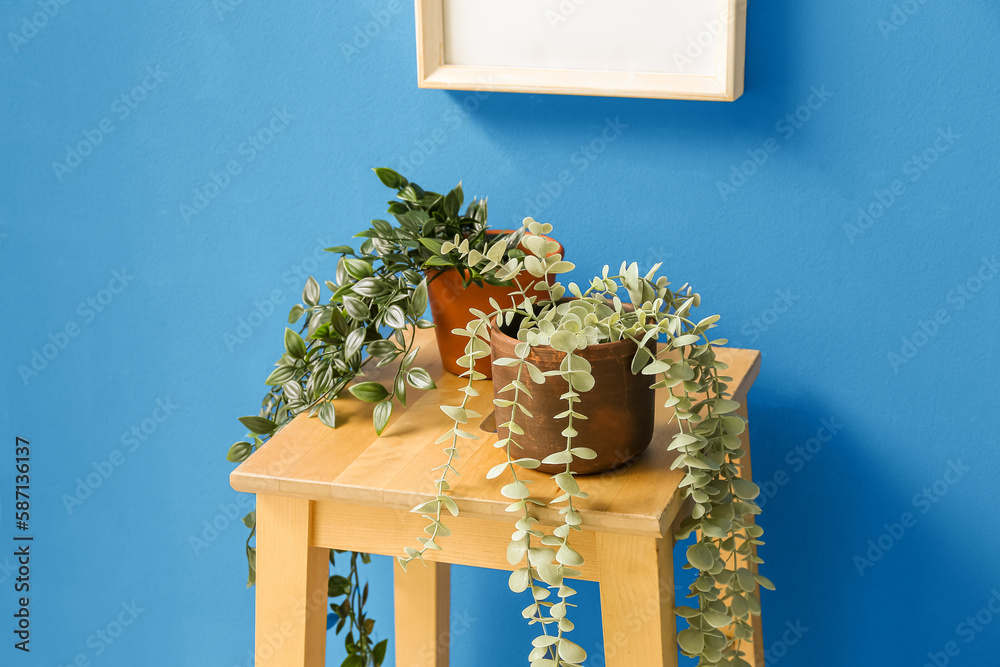 Artificial houseplants on table near blue wall