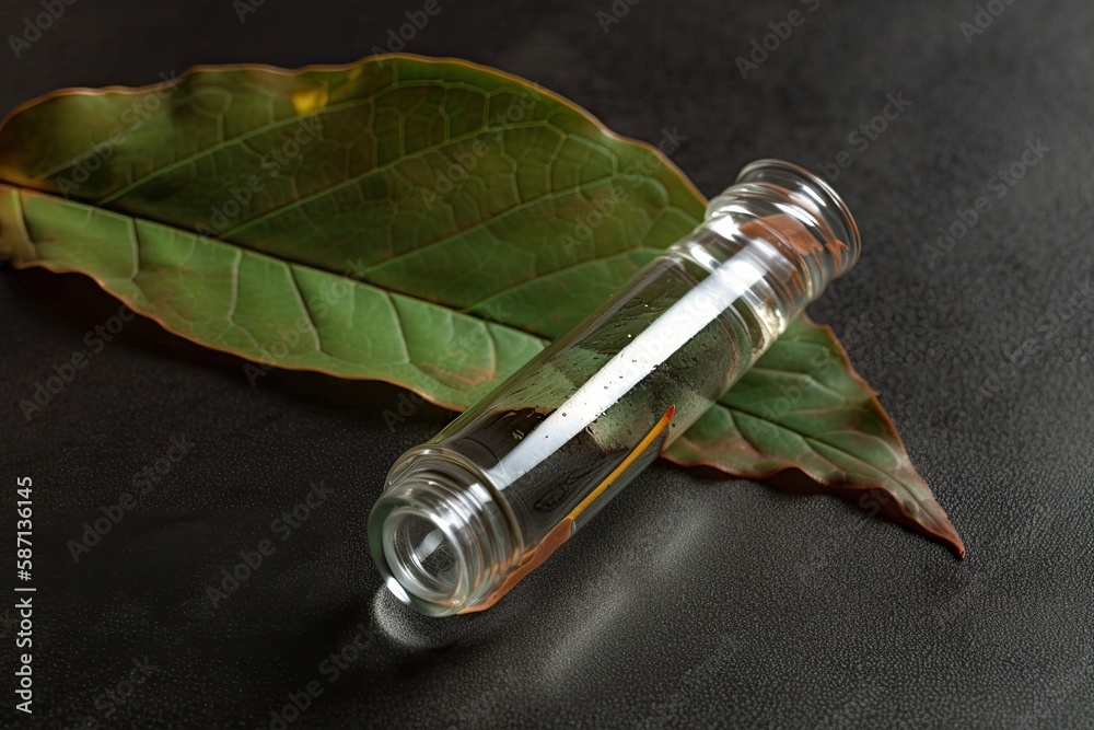 translucent pure serum for skin care in a glass petri dish with a cosmetic tube, top view. Conceptua