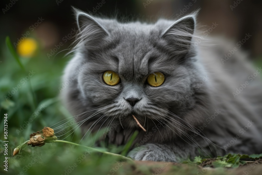 A gray British fluffy cat with yellow eyes plays and eats in the garden. Generative AI