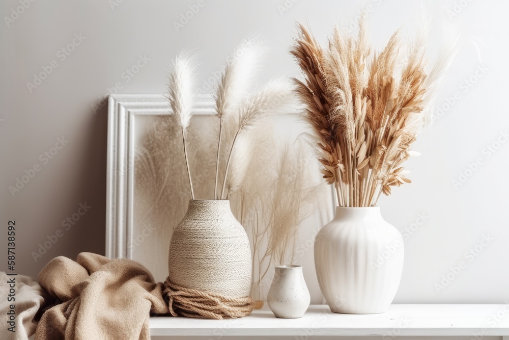 Vase with decorative pampas grass near white wall. Minimalist interiors Eco boho. cotton on white. B