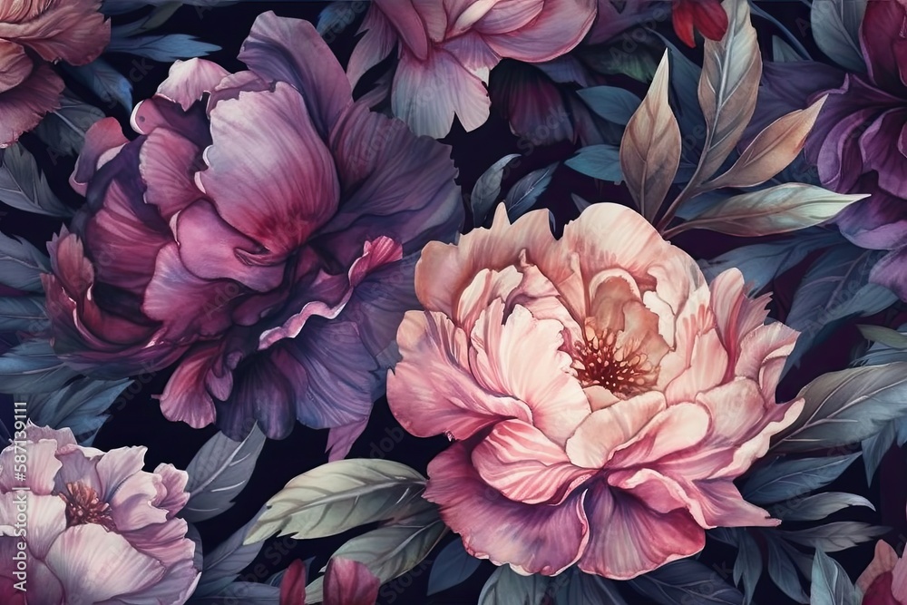 vibrant floral painting with pink and purple flowers set against a black backdrop. Generative AI