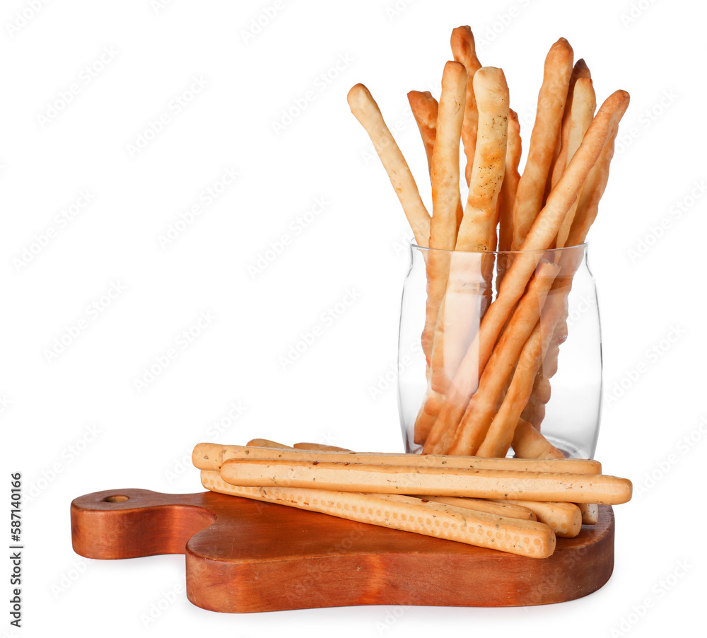 Jar with tasty Italian Grissini isolated on white background