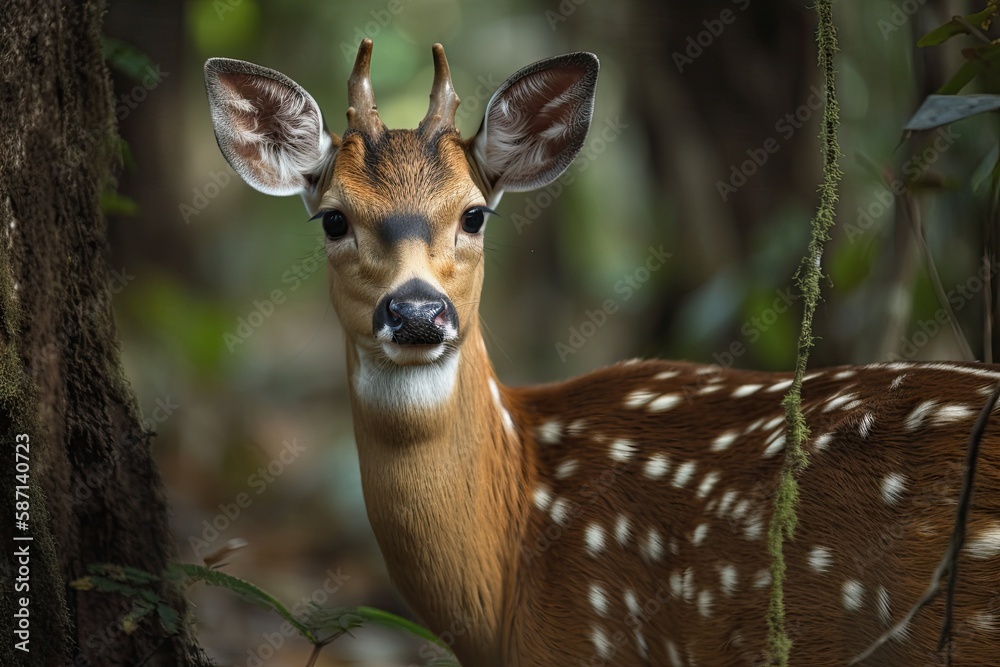 young deer standing by a tree in a lush forest setting. Generative AI