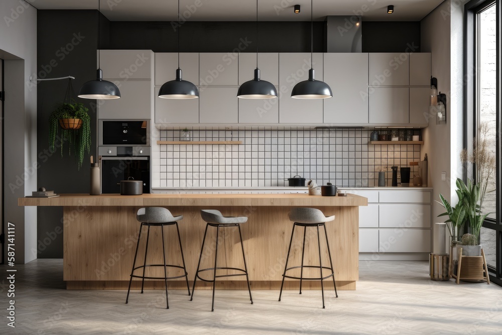 Interior of a white tiled kitchen with a tall lamp, a white and wooden bar, and black stools. an ang