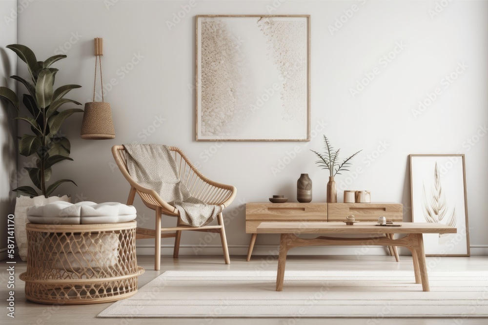 White living room wall. Scandi boho interior mockup. Free place to copy your photo, text, or design.