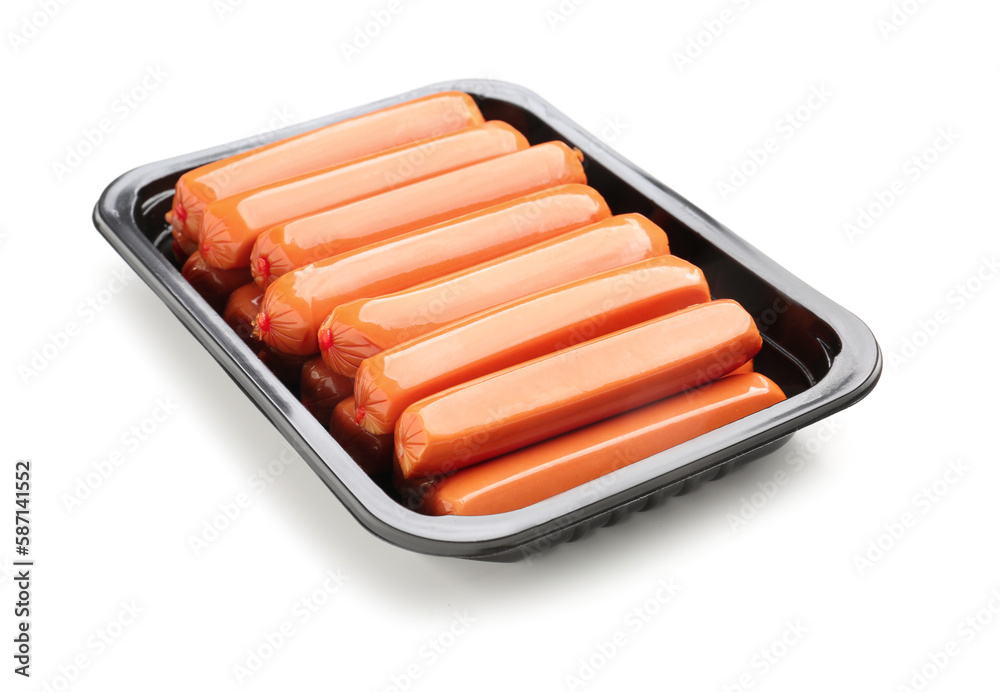 Packing box with tasty sausages on white background