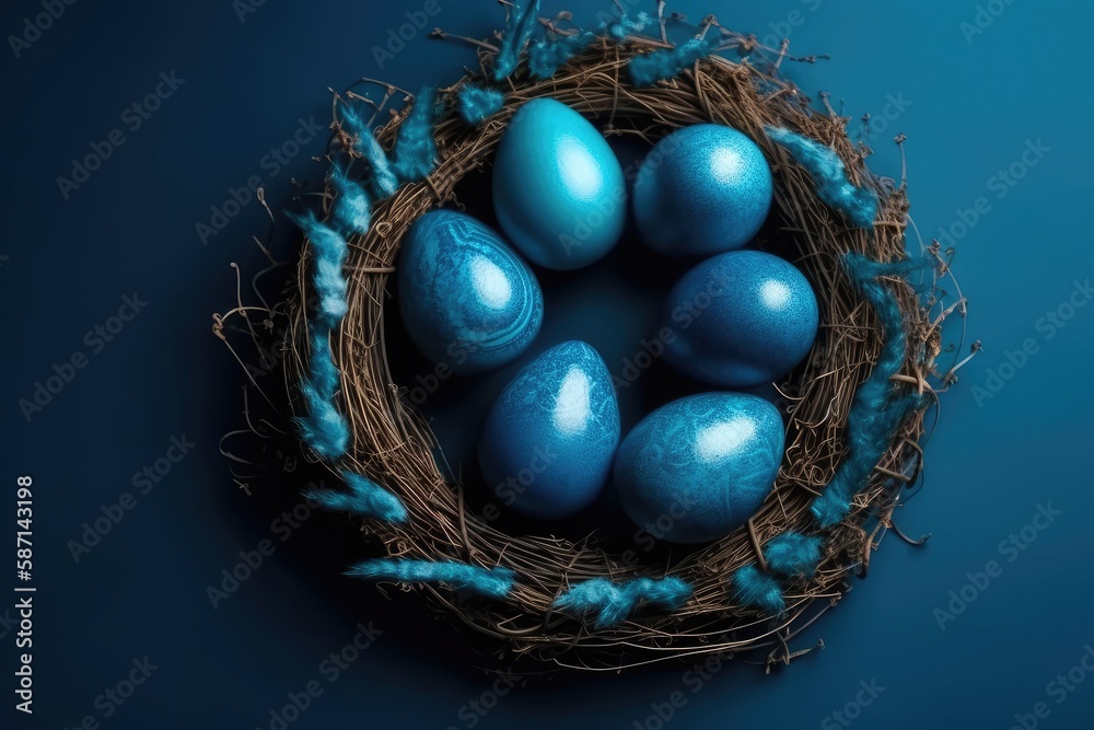 birds nest with blue eggs on a soft blue background. Generative AI