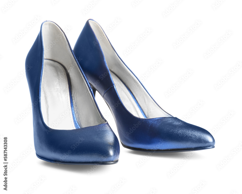 Pair of blue high heeled shoes on white background