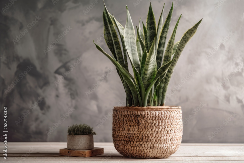 Sansevieria in straw container against white rustic wall. Modern bohemian bedroom. Wicker planter. G