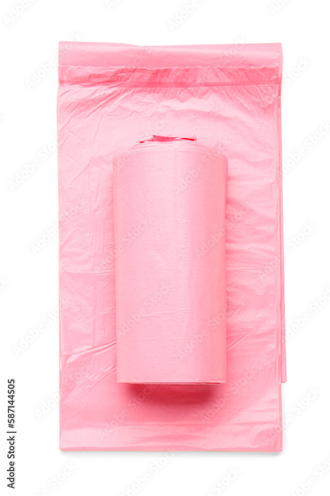 Pink roll of garbage bag isolated on white background