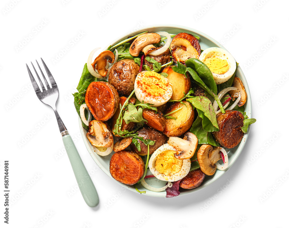 Plate of tasty potato salad with eggs and mushrooms isolated on white, top view