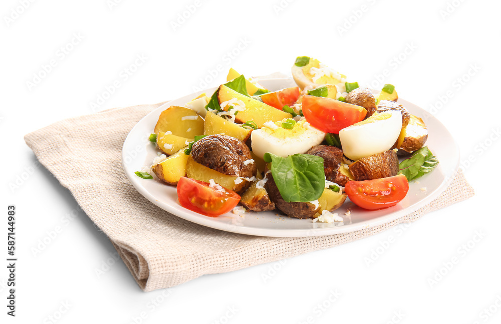 Plate of tasty potato salad isolated on white