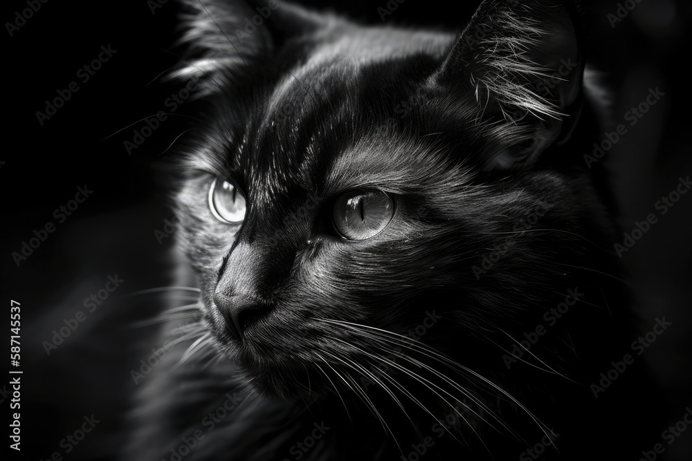 A monochrome photograph of a black cat. Generative AI