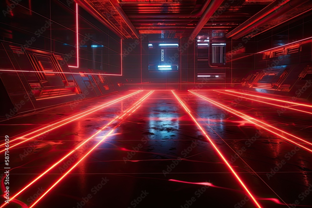 Illustration of Red Neon Laser Beam Electric Glow Technology in a Science Fiction Film. Generative A