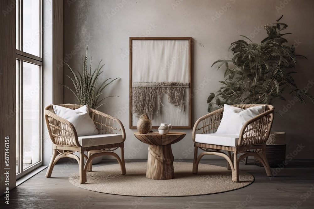 White armchairs with wooden table on gray bohemian interior house backdrop,. Generative AI