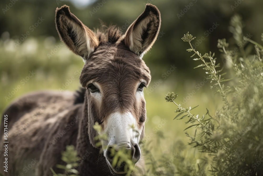 close up of a charming donkey in a meadow. Generative AI