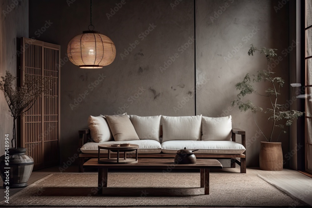 White and dark wabi sabi living room with copy space. Pendant lit wooden and fabric couch. Japanese 