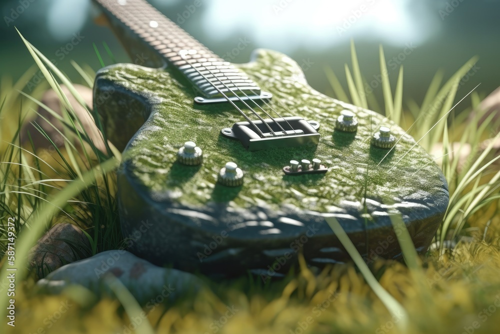 green guitar lying on the grass. Generative AI