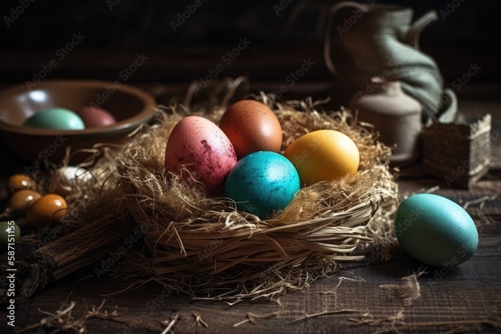 nest with eggs resting on a wooden surface. Generative AI