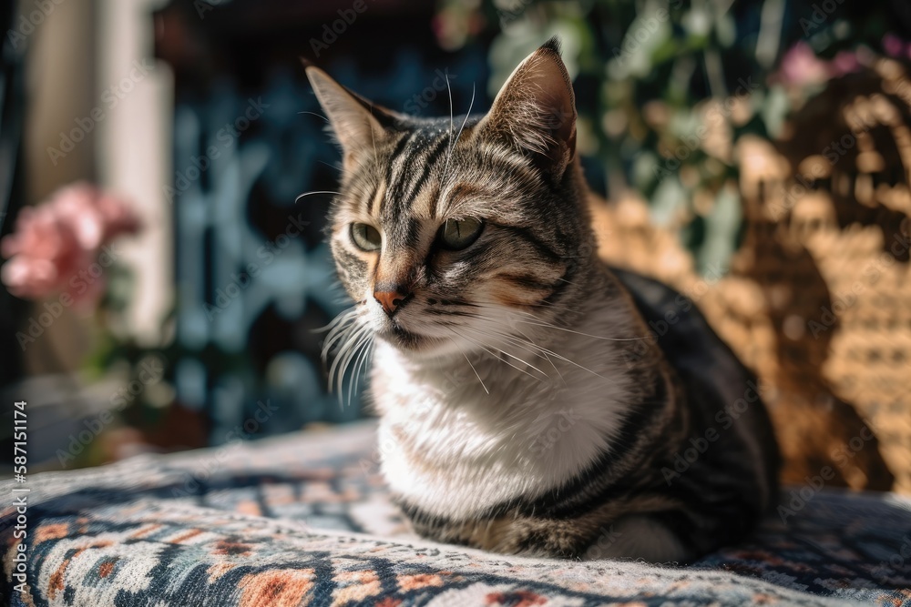 On the balcony, a little cat sits on a pillow. Generative AI