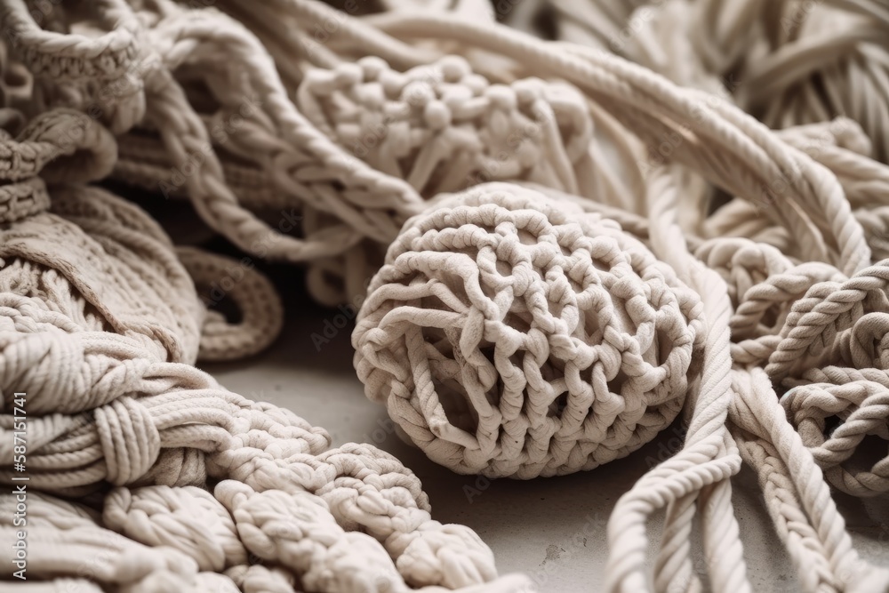 Handmade macrame texture close up. Eco friendly contemporary knitting DIY natural home decorating. F