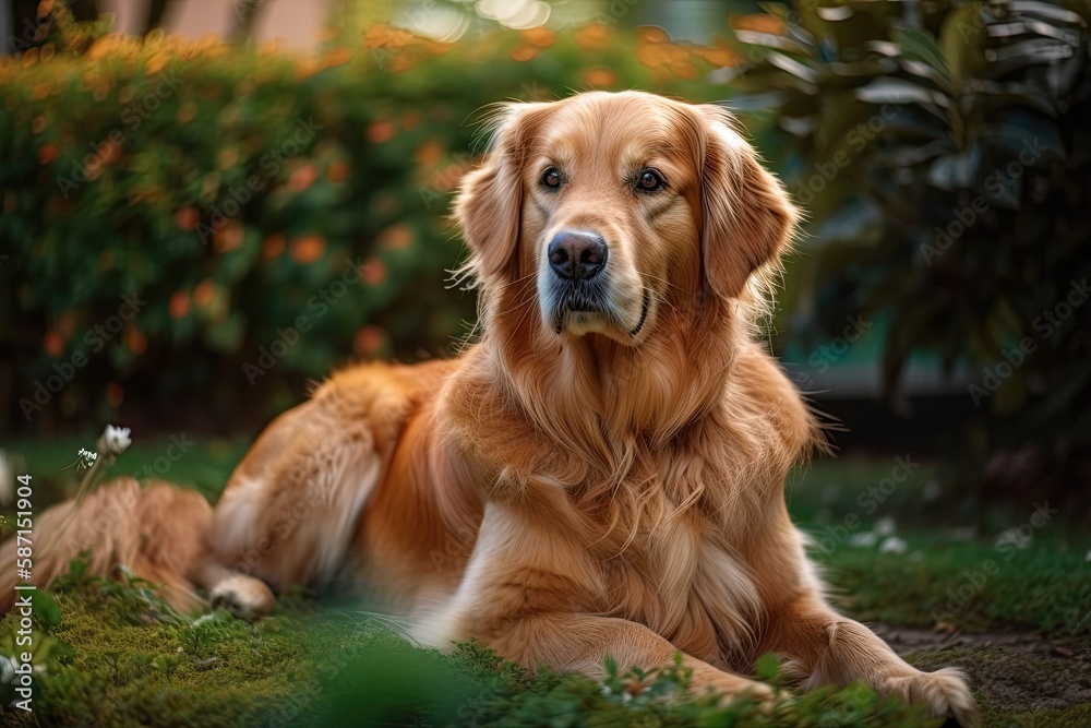 Golden retriever sitting in yard. Generative AI